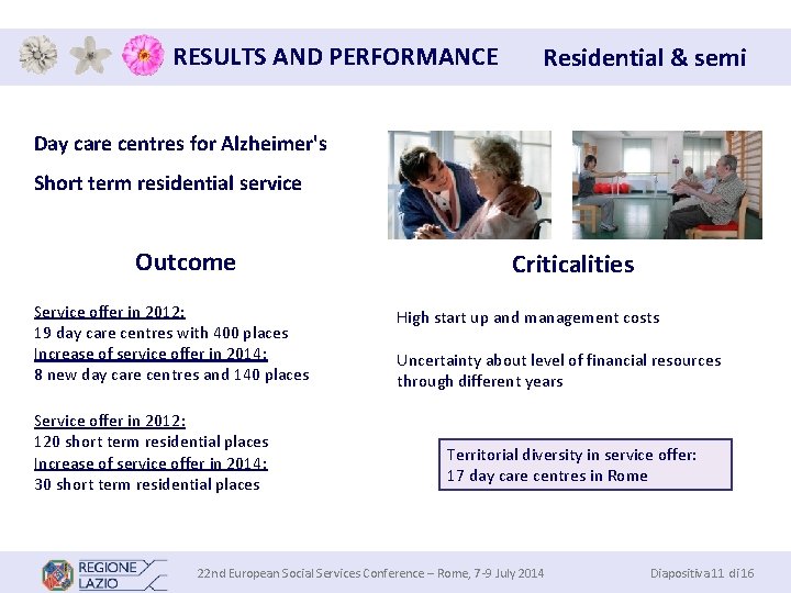 RESULTS AND PERFORMANCE Residential & semi Day care centres for Alzheimer's Short term residential