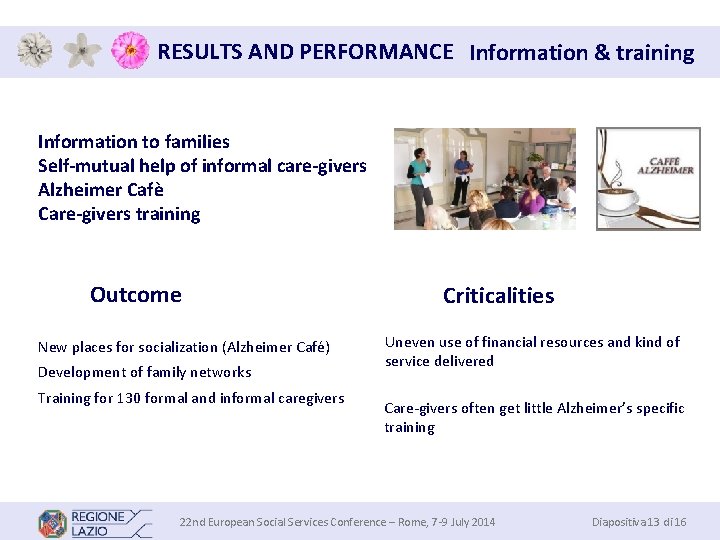 RESULTS AND PERFORMANCE Information & training Information to families Self-mutual help of informal care-givers