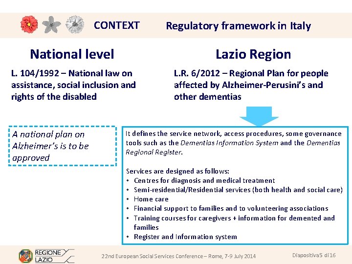 CONTEXT Regulatory framework in Italy National level Lazio Region L. 104/1992 – National law