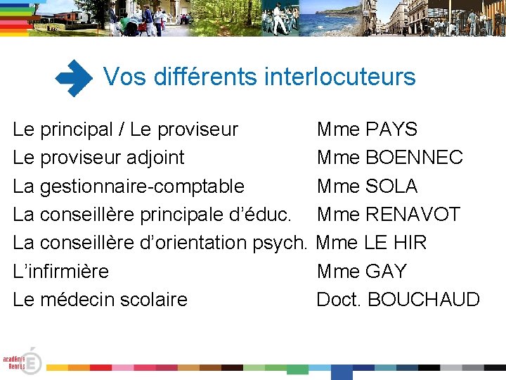 Vos différents interlocuteurs Le principal / Le proviseur Mme PAYS Le proviseur adjoint Mme