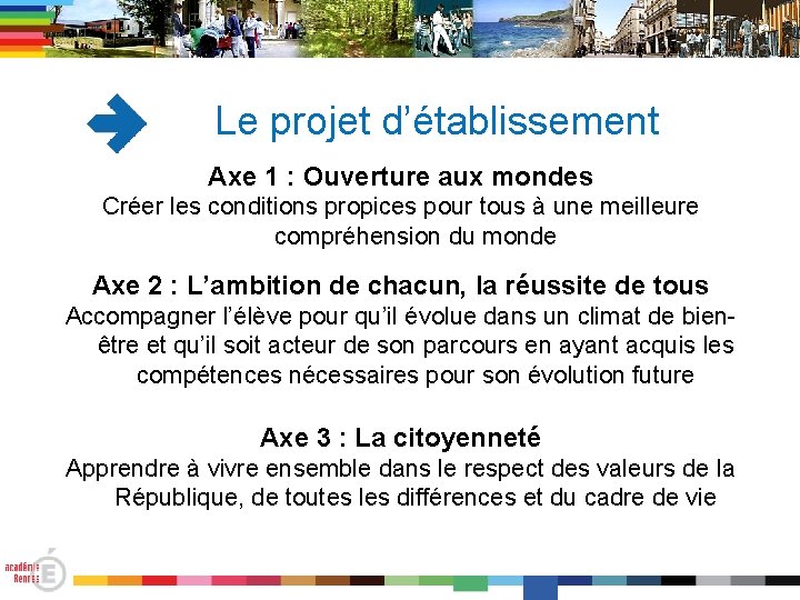 Le projet d’établissement Axe 1 : Ouverture aux mondes Créer les conditions propices pour