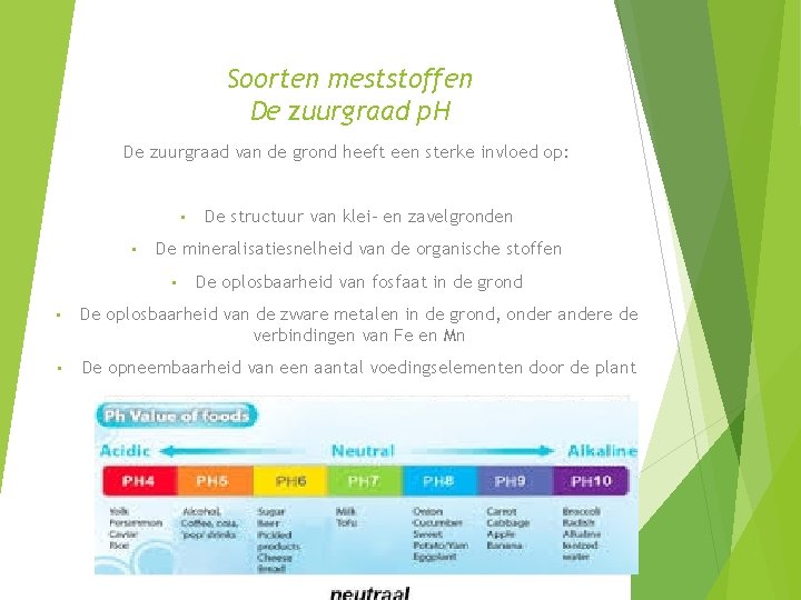 Soorten meststoffen De zuurgraad p. H De zuurgraad van de grond heeft een sterke