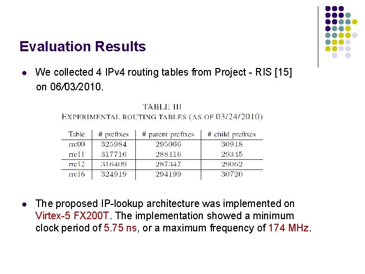 Evaluation Results l We collected 4 IPv 4 routing tables from Project - RIS