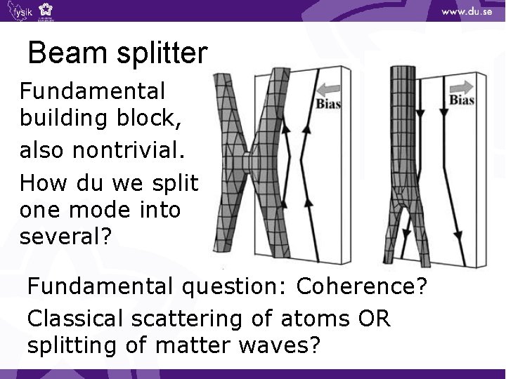 Beam splitter Fundamental building block, also nontrivial. How du we split one mode into