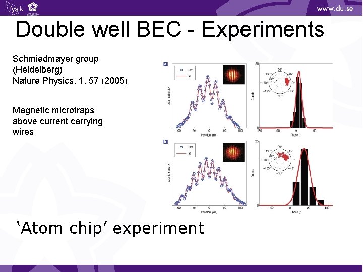 Double well BEC - Experiments Schmiedmayer group (Heidelberg) Nature Physics, 1, 57 (2005) Magnetic