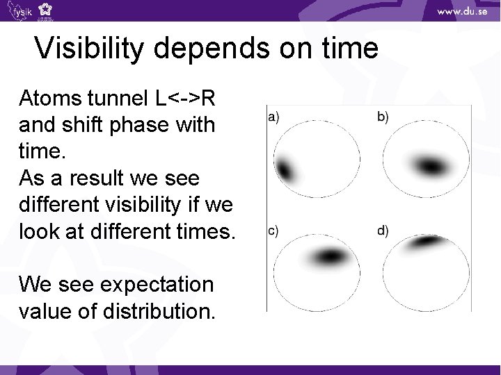 Visibility depends on time Atoms tunnel L<->R and shift phase with time. As a