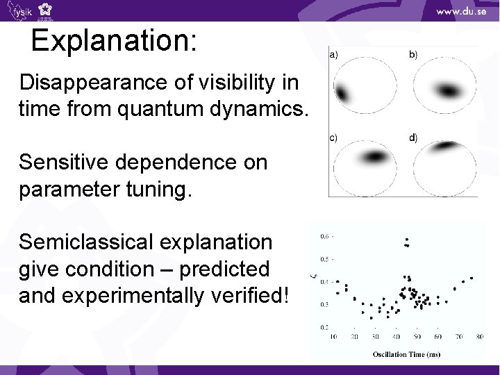 Explanation: Disappearance of visibility in time from quantum dynamics. Sensitive dependence on parameter tuning.
