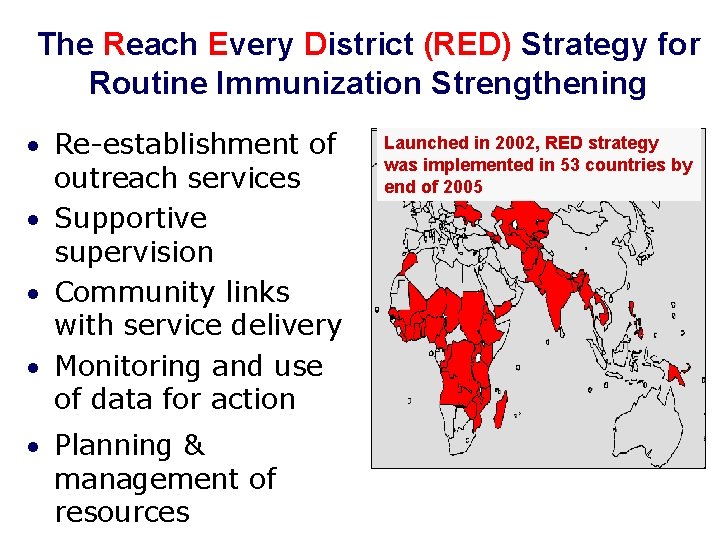 The Reach Every District (RED) Strategy for Routine Immunization Strengthening · Re-establishment of outreach