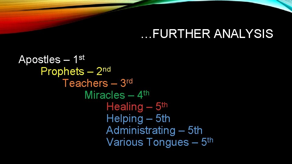 …FURTHER ANALYSIS Apostles – 1 st Prophets – 2 nd Teachers – 3 rd