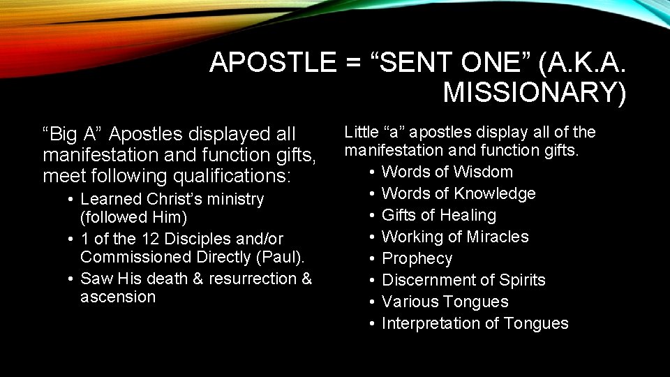 APOSTLE = “SENT ONE” (A. K. A. MISSIONARY) “Big A” Apostles displayed all manifestation