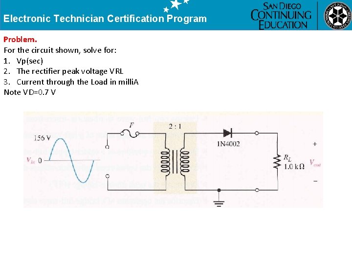 Electronic Technician Certification Program Problem. For the circuit shown, solve for: 1. Vp(sec) 2.