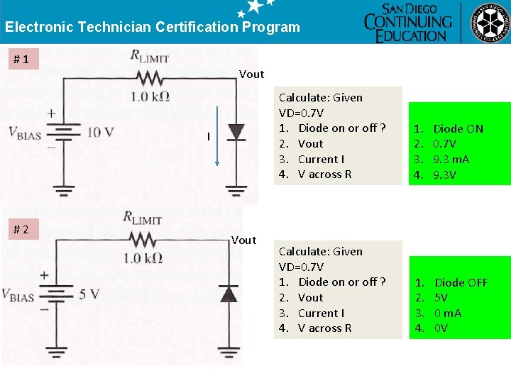 Electronic Technician Certification Program #1 Vout I #2 Vout Calculate: Given VD=0. 7 V