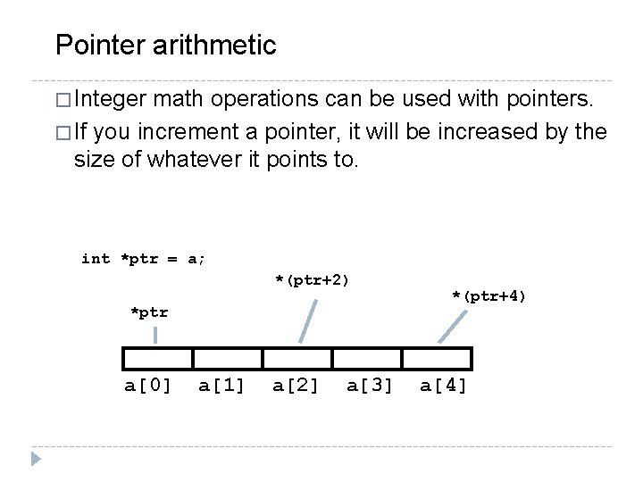 Pointer arithmetic � Integer math operations can be used with pointers. � If you Pointer arithmetic � Integer math operations can be used with pointers. � If you