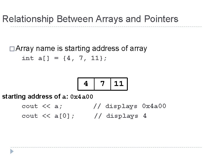 Relationship Between Arrays and Pointers � Array name is starting address of array int Relationship Between Arrays and Pointers � Array name is starting address of array int