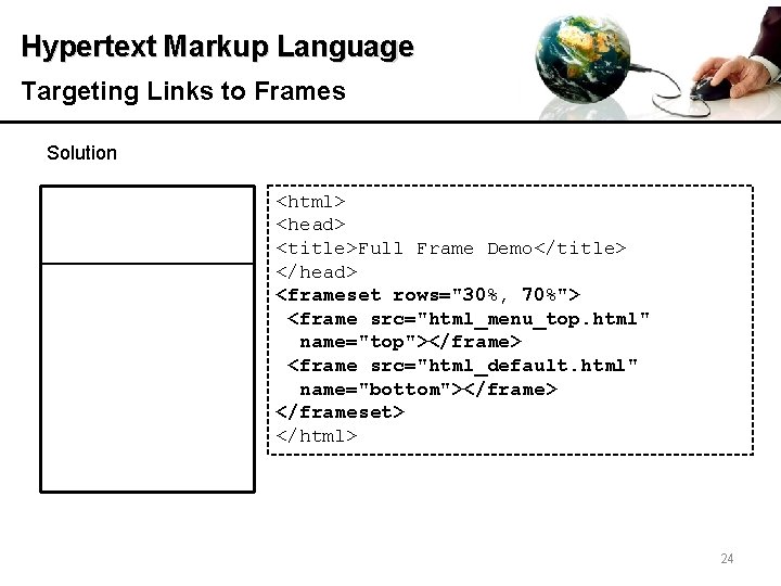 Hypertext Markup Language Targeting Links to Frames Solution <html> <head> <title>Full Frame Demo</title> </head>