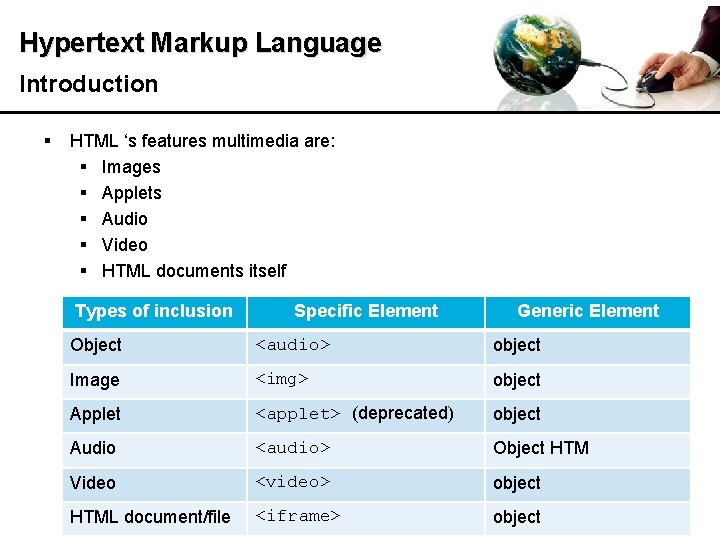 Hypertext Markup Language Introduction § HTML ‘s features multimedia are: § Images § Applets