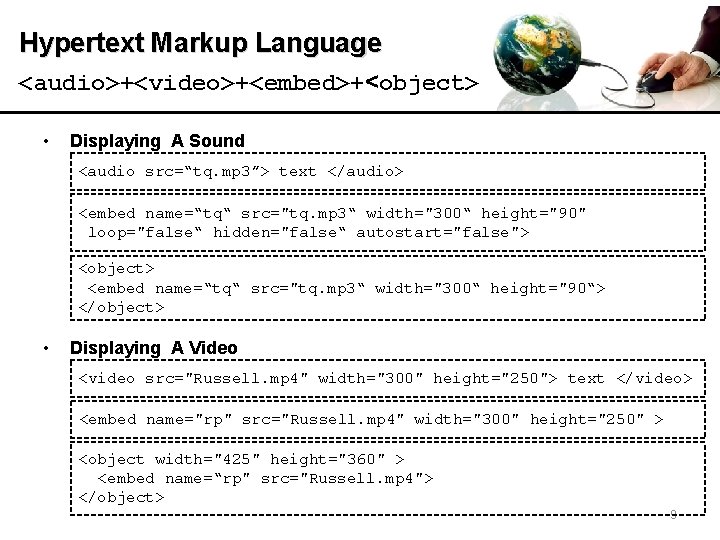 Hypertext Markup Language <audio>+<video>+<embed>+<object> • Displaying A Sound <audio src=“tq. mp 3”> text </audio>