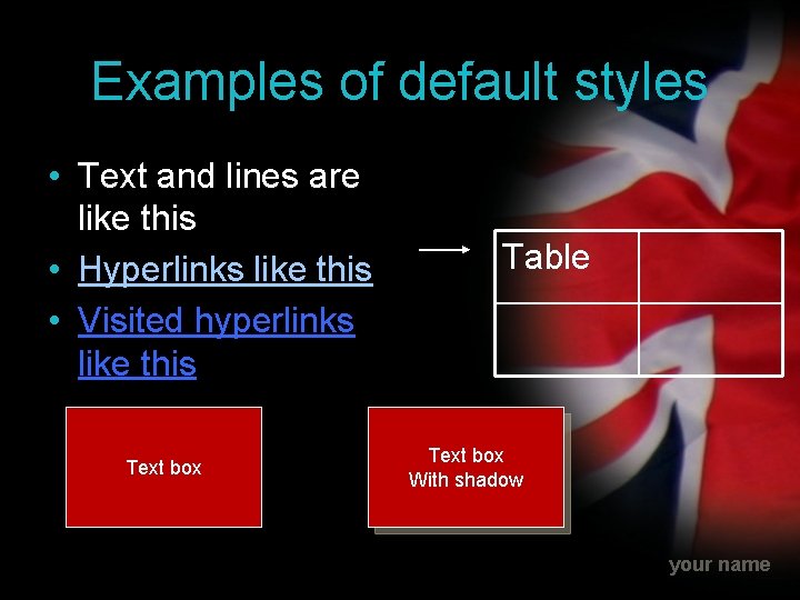 Examples of default styles • Text and lines are like this • Hyperlinks like