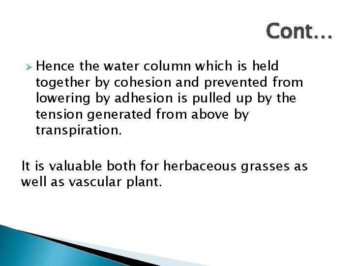 Cont… Ø Hence the water column which is held together by cohesion and prevented