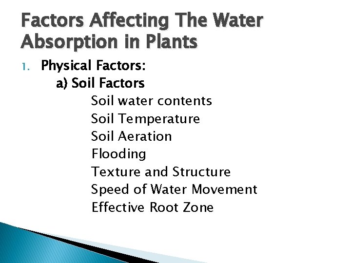 Factors Affecting The Water Absorption in Plants 1. Physical Factors: a) Soil Factors Soil