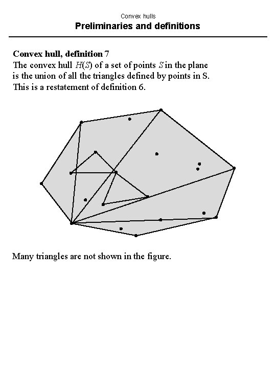 Convex hulls Preliminaries and definitions Convex hull, definition 7 The convex hull H(S) of