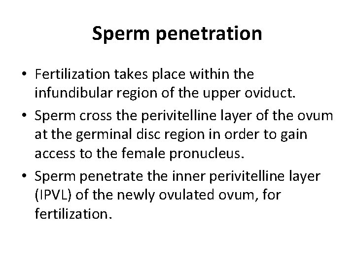 Sperm penetration • Fertilization takes place within the infundibular region of the upper oviduct.
