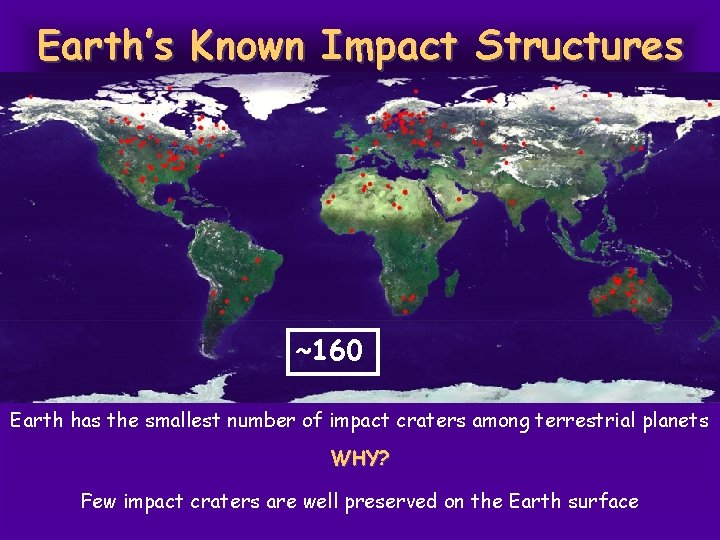 Earth’s Known Impact Structures ~160 Earth has the smallest number of impact craters among