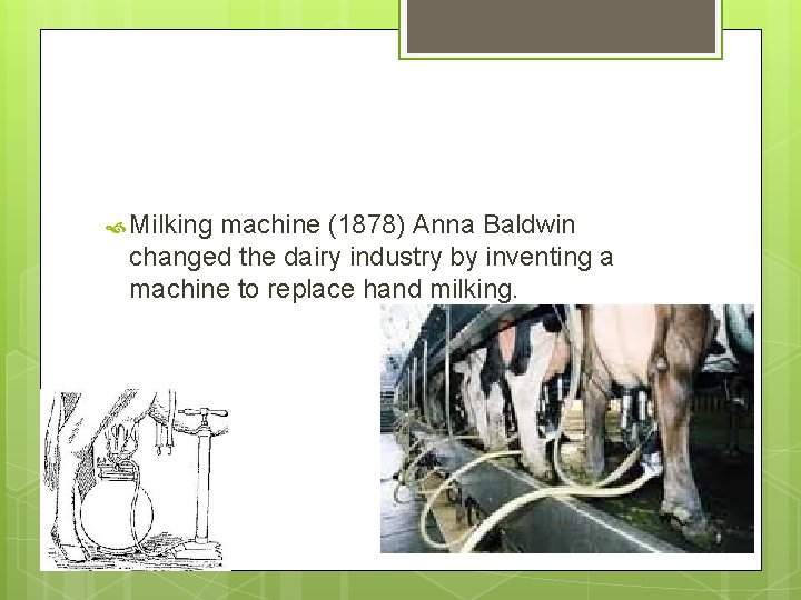  Milking machine (1878) Anna Baldwin changed the dairy industry by inventing a machine
