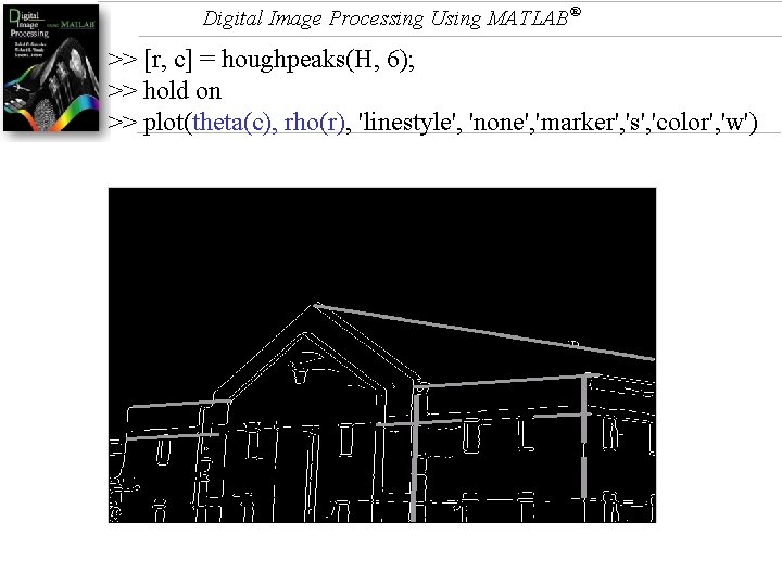 Digital Image Processing Using MATLAB® >> [r, c] = houghpeaks(H, 6); >> hold on