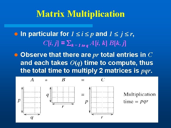 Matrix Multiplication l In particular for 1 i p and 1 j r, C[i, Matrix Multiplication l In particular for 1 i p and 1 j r, C[i,