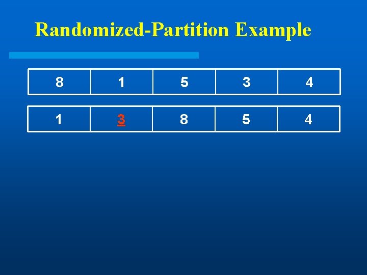 Randomized-Partition Example 8 1 5 3 4 1 3 8 5 4 Randomized-Partition Example 8 1 5 3 4 1 3 8 5 4