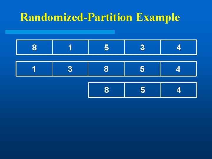 Randomized-Partition Example 8 1 5 3 4 1 3 8 5 4 Randomized-Partition Example 8 1 5 3 4 1 3 8 5 4