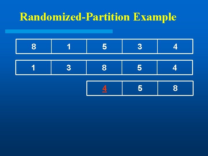 Randomized-Partition Example 8 1 5 3 4 1 3 8 5 4 4 5 Randomized-Partition Example 8 1 5 3 4 1 3 8 5 4 4 5