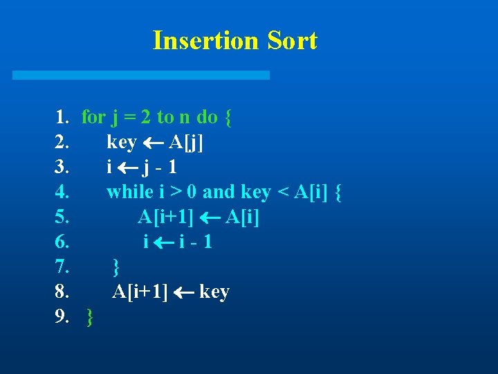 Insertion Sort 1. for j = 2 to n do { 2. key A[j]