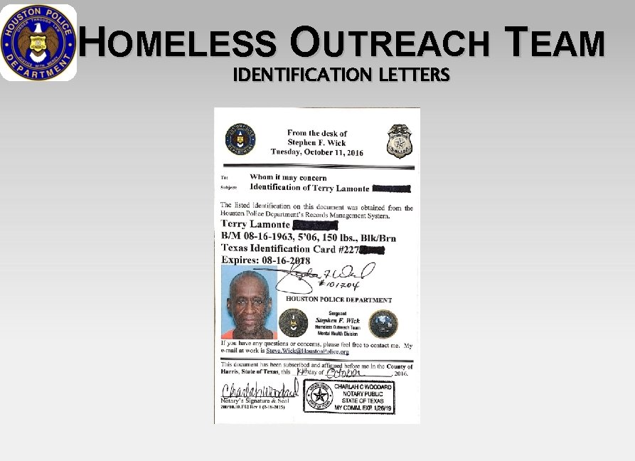 HOMELESS OUTREACH TEAM IDENTIFICATION LETTERS 