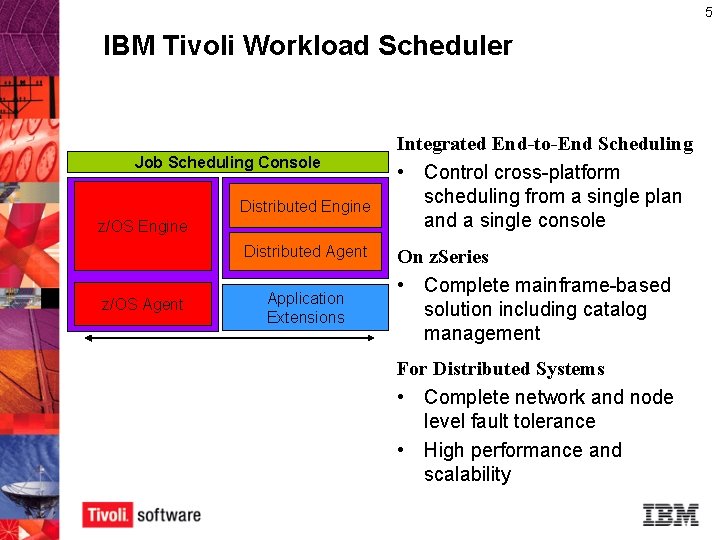 5 IBM Tivoli Workload Scheduler Job Scheduling Console Distributed Engine z/OS Engine Distributed Agent 5 IBM Tivoli Workload Scheduler Job Scheduling Console Distributed Engine z/OS Engine Distributed Agent