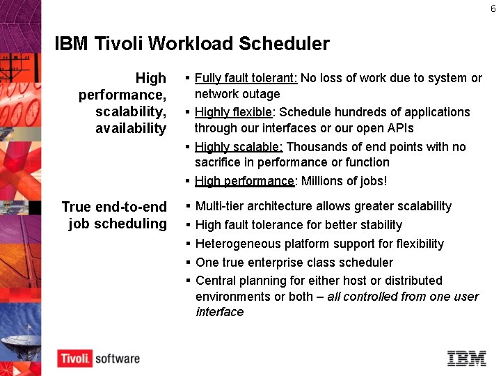 6 IBM Tivoli Workload Scheduler High performance, scalability, availability True end-to-end job scheduling § 6 IBM Tivoli Workload Scheduler High performance, scalability, availability True end-to-end job scheduling §