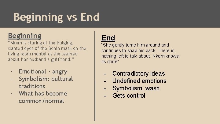 Beginning vs End Beginning “Nkem is staring at the bulging, slanted eyes of the