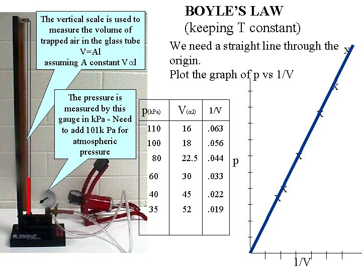 BOYLE’S LAW (keeping T constant) The vertical scale is used to measure the volume