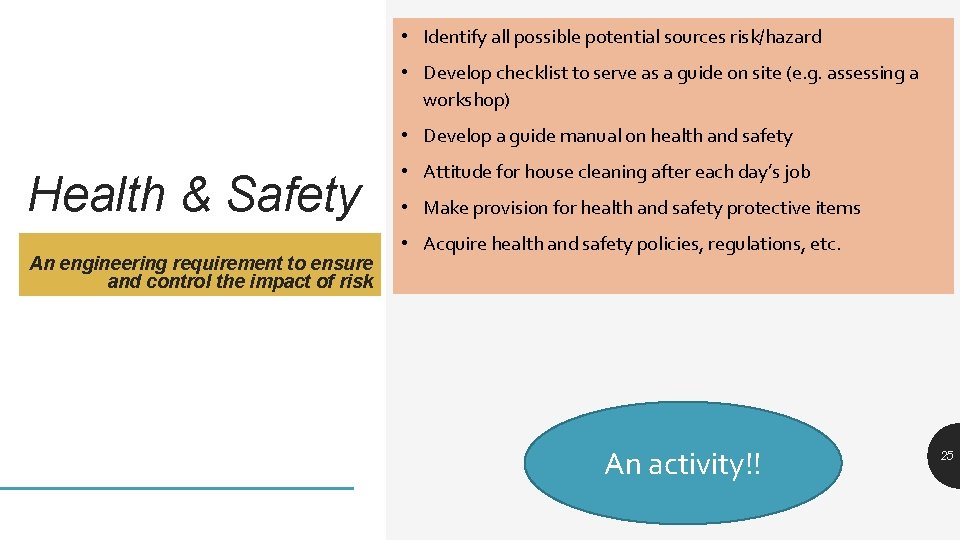  • Identify all possible potential sources risk/hazard • Develop checklist to serve as