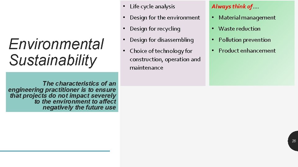 Environmental Sustainability • Life cycle analysis Always think of…. • Design for the environment