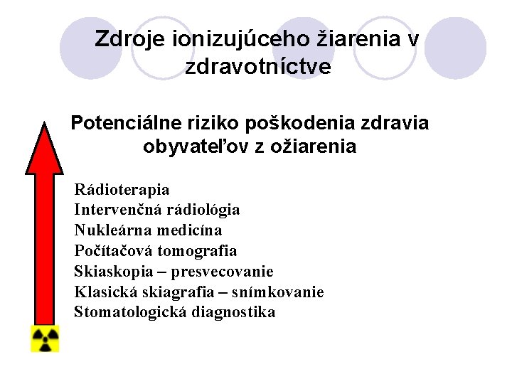 Zdroje ionizujúceho žiarenia v zdravotníctve Potenciálne riziko poškodenia zdravia obyvateľov z ožiarenia Rádioterapia Intervenčná