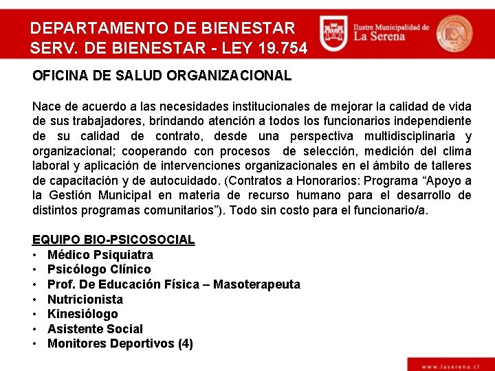 DEPARTAMENTO DE BIENESTAR SERV. DE BIENESTAR - LEY 19. 754 OFICINA DE SALUD ORGANIZACIONAL