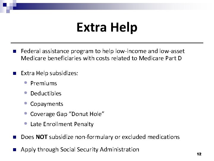 Extra Help n Federal assistance program to help low-income and low-asset Medicare beneficiaries with