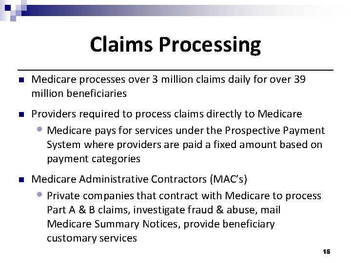 Claims Processing n Medicare processes over 3 million claims daily for over 39 million