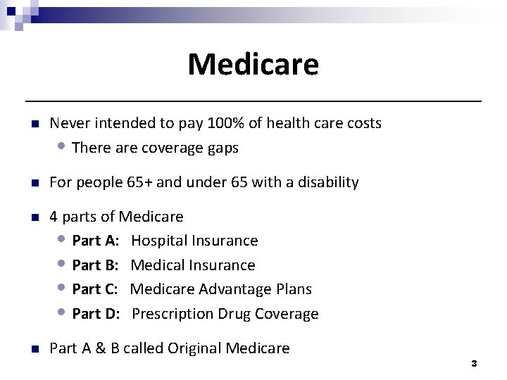 Medicare n Never intended to pay 100% of health care costs • There are