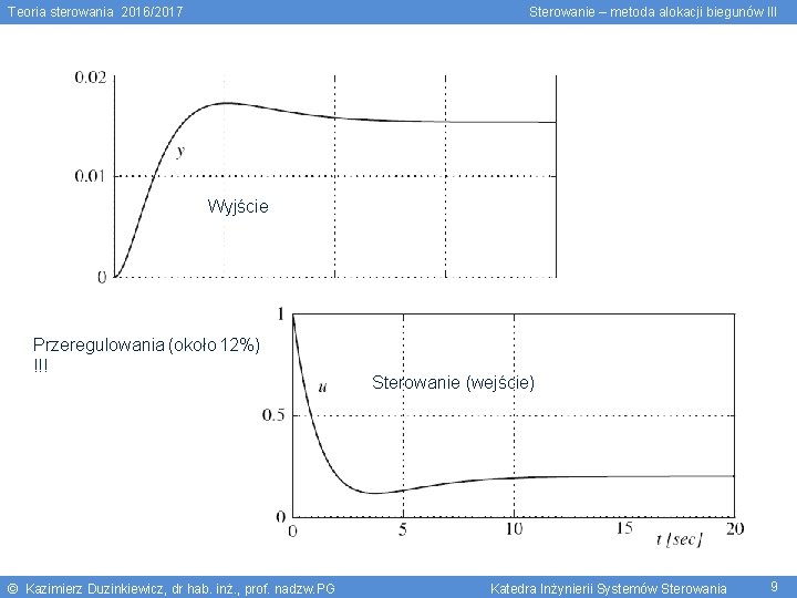 Teoria sterowania 2016/2017 Sterowanie – metoda alokacji biegunów III Wyjście Przeregulowania (około 12%) !!!