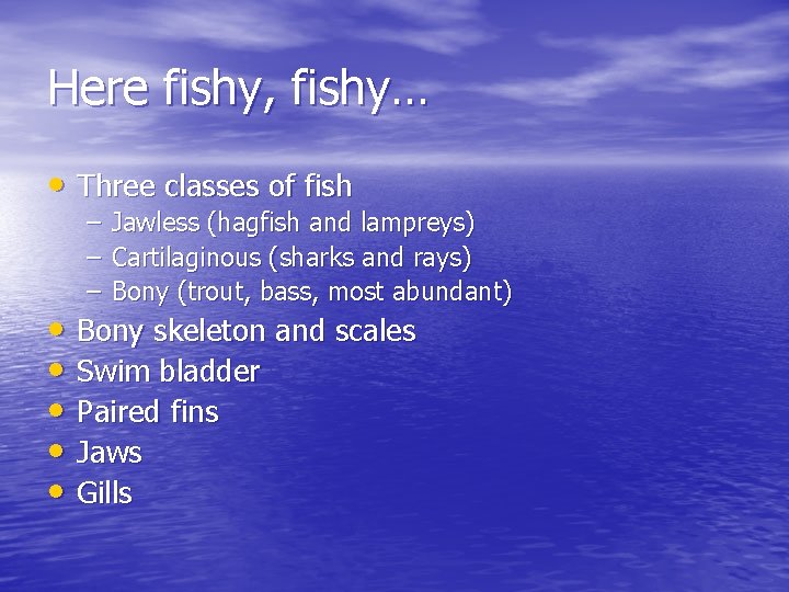 Here fishy, fishy… • Three classes of fish – – – Jawless (hagfish and