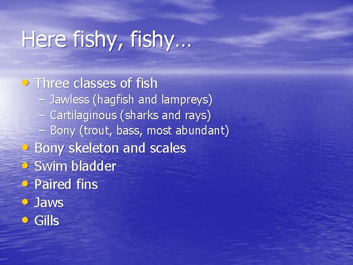Here fishy, fishy… • Three classes of fish – – – Jawless (hagfish and