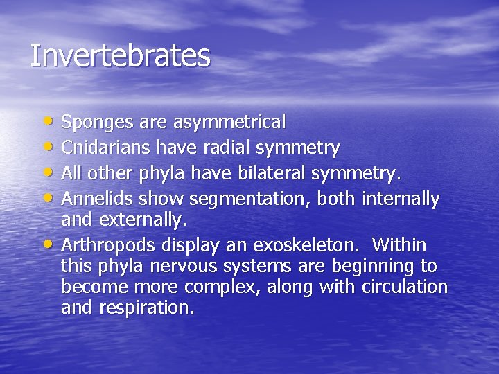 Invertebrates • Sponges are asymmetrical • Cnidarians have radial symmetry • All other phyla